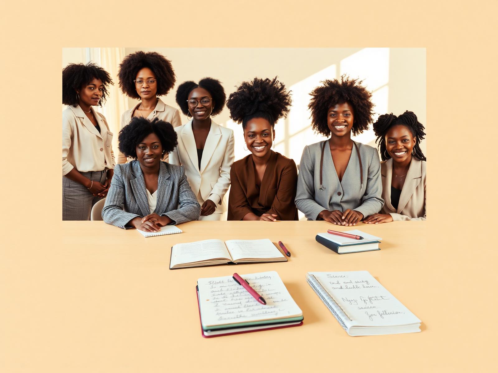 Diverse professionals gathered around a workshop table with journals